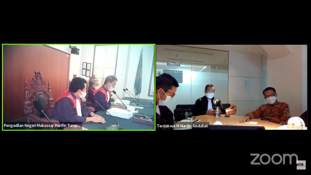Nurdin Abdullah mengikuti persidangan secara virtual. (YouTube/KPK RI)