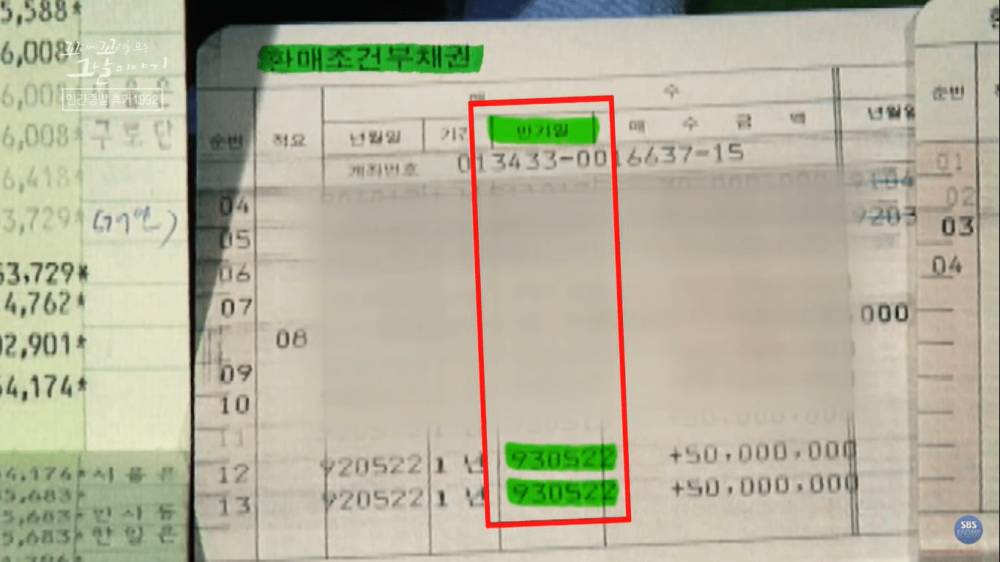 Surat obligasi milik Lee Jang Rim yang ditemukan pihak penyidik, di mana tanggal jatuh tempo pembayaran utang adalah tanggal 22 Mei 1993. (youtube.com/SBS NOW / SBS 공식 채널)