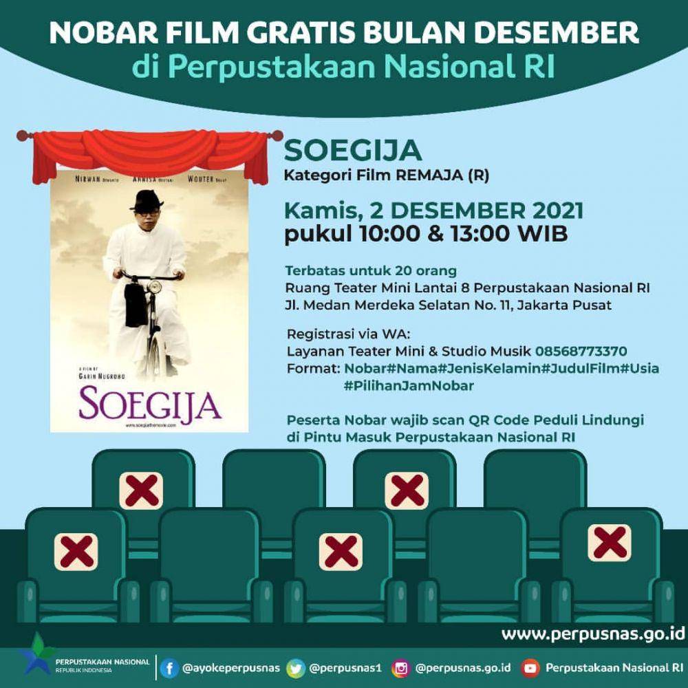 pengumuman nonton bareng film SOEGIJA di layanan teater mini Perpustakaan Nasional RI (instagram.com/perpusnas.go.id)