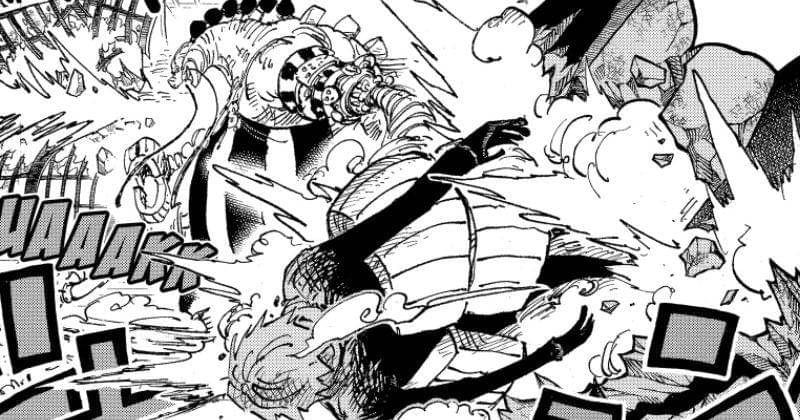 Queen gunakan teknik Germa melawan Sanji. (mangaplus.shueisha.co.jp/One Piece)