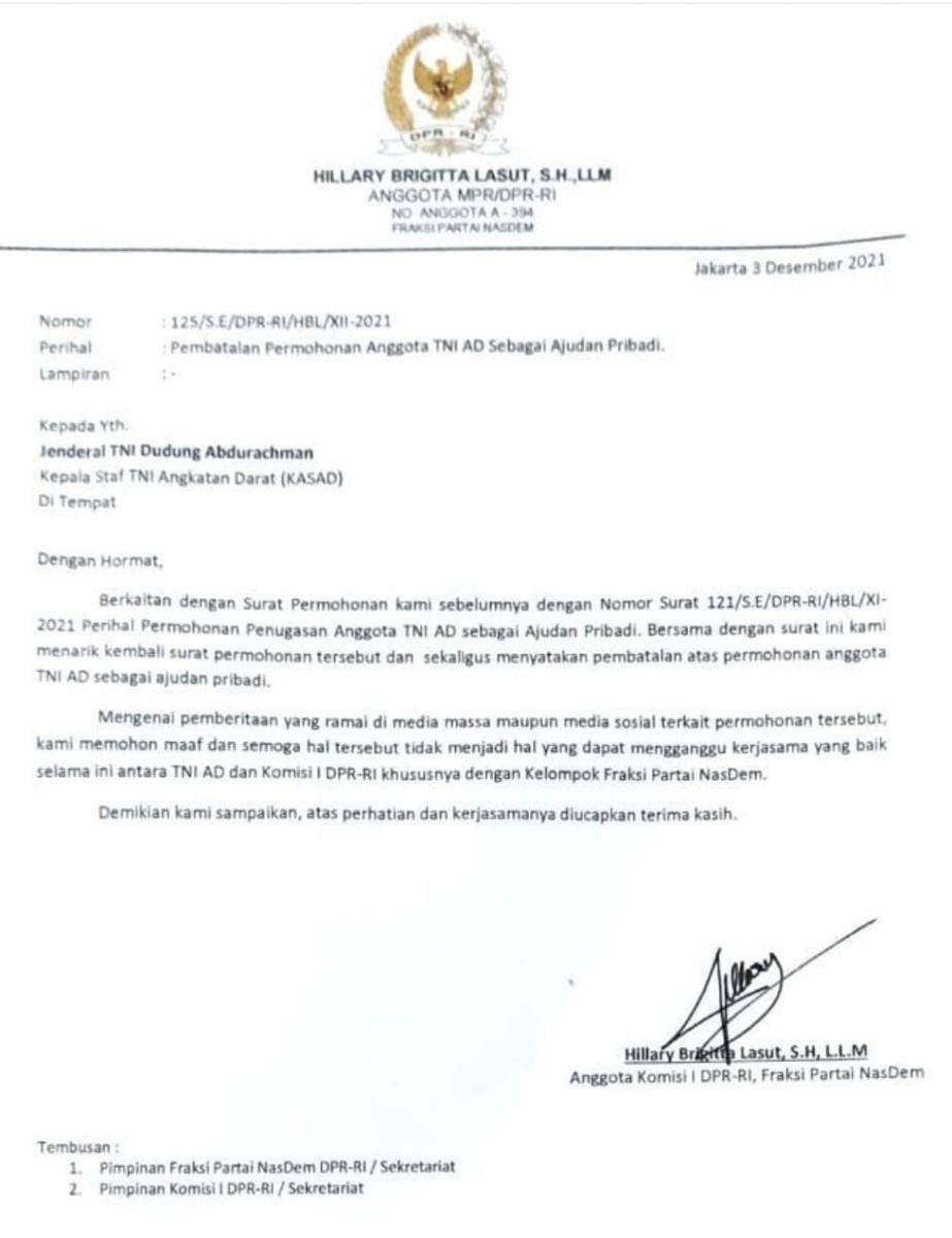 Surat pembatalan pengajuan ajudan pribadi yang ditulis oleh anggota DPR komisi I Hillary Brigitta Lasut dan ditujukan kepada KSAD(www.instagram.com/@tni_angkatan_darat)