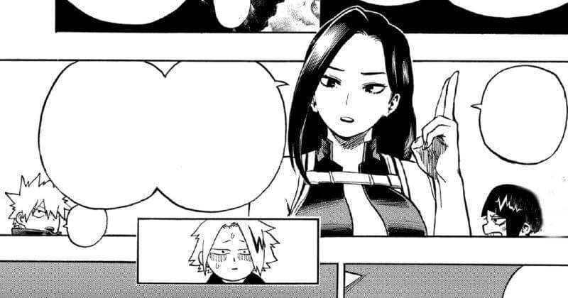 Momo jelaskan kekeliruan Kaminari dan Mineta. (mangaplus.shueisha.co.jp/My Hero Academia)
