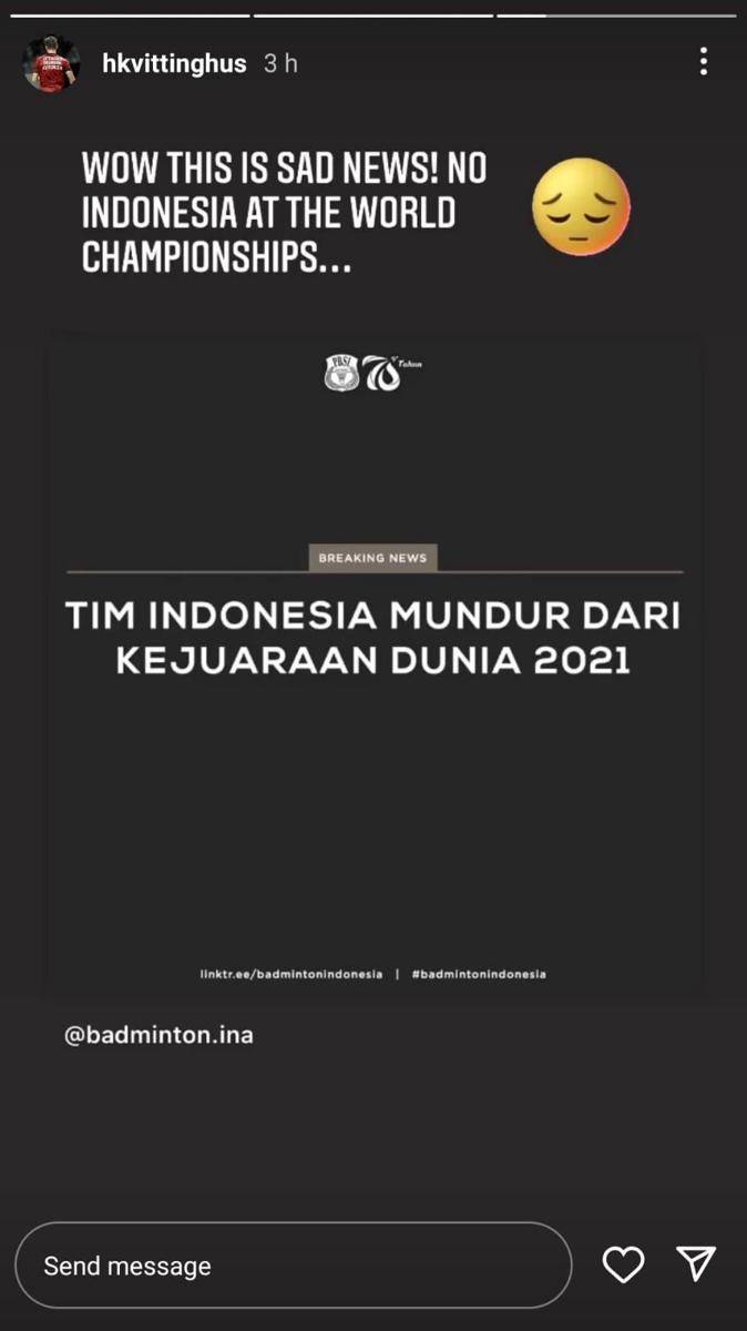 Tanggapan pebulu tangkis Denmark usai Indonesia memutuskan mundur dari Kejuaraan Dunia. (instagram.com/hkvittinghus)