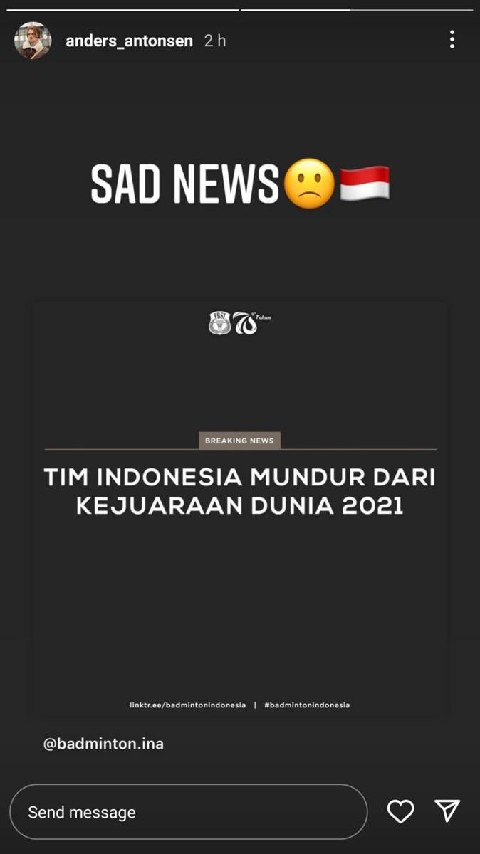 Tanggapan pebulu tangkis Denmark usai Indonesia memutuskan mundur dari Kejuaraan Dunia. (instagram.com/anders_antonsen)