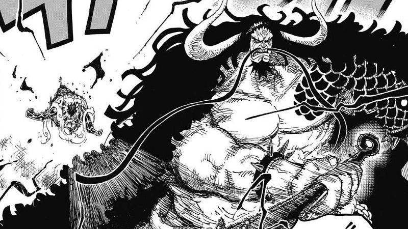 Kaido menyerang Luffy dengan Raime Hakke. (dok. Shueisha/One Piece)