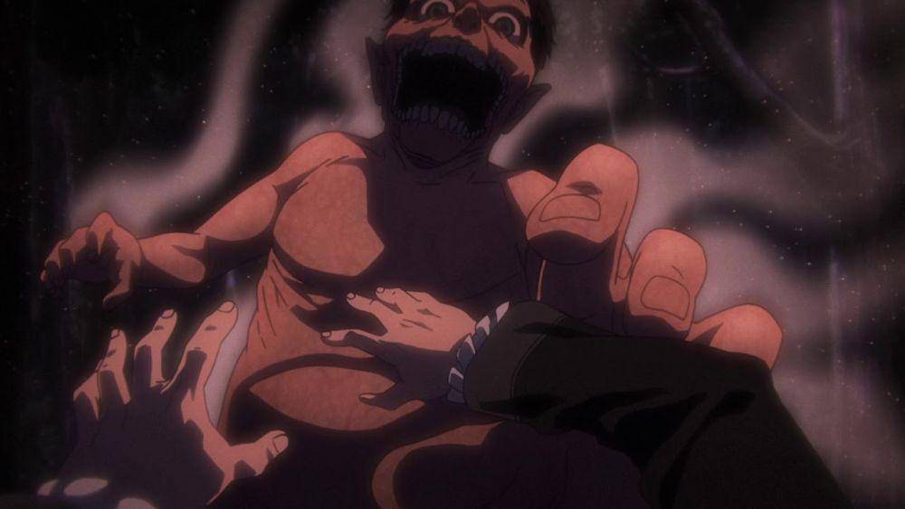 Cuplikan adegan Eren memakan Grisha. (dok. Wit Studio/Attack on Titan)