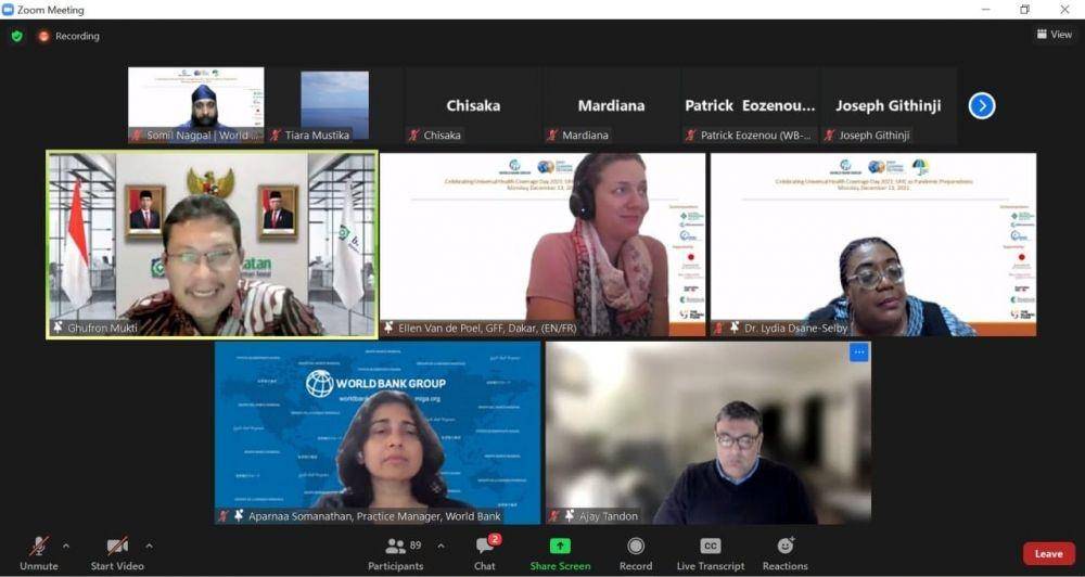 Direktur Utama BPJS Kesehatan, Ali Ghufron Mukti, saat kegiatan webinar Celebrating Universal Health Coverage Day 2021: UHC as Pandemic Preparedness, Senin (13/12/2021). (Dok. BPJS Kesehatan)