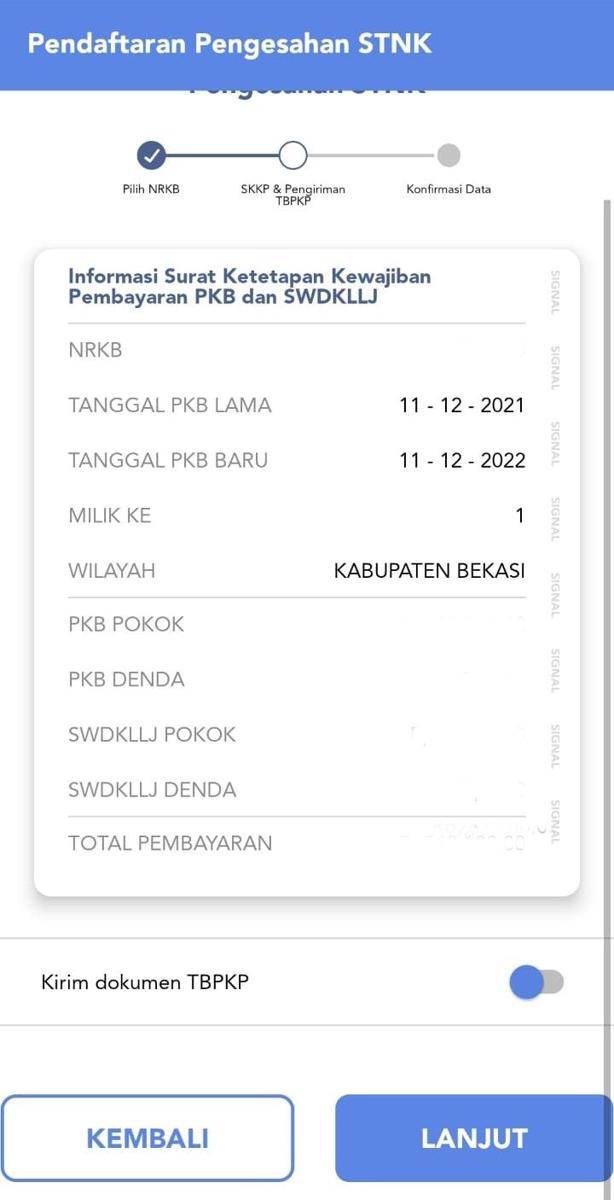 Proses pembayaran pajak kendaraan bermotor di aplikasi SIGNAL. (dok. SIGNAL)