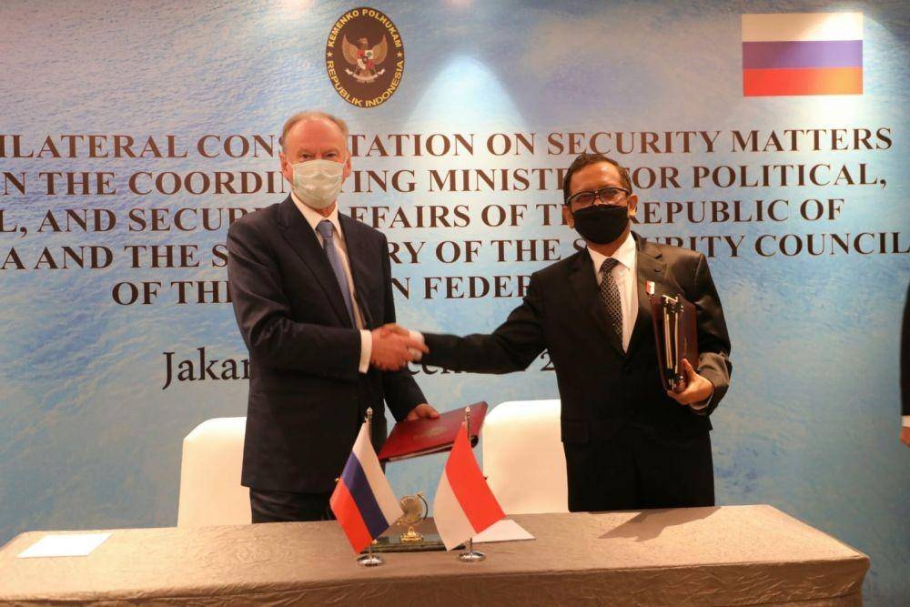 Menteri Koordinator Bidang Politik, Hukum dan Keamanan Mahfud MD ketika bertemu Sekretaris Dewan Keamanan Federasi Rusia, Nikolay Patrushev (Dokumentasi Kemenko Polhukam)