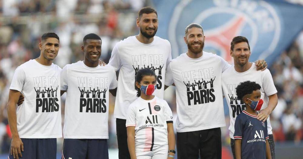 Hakimi, Wijnaldum, Donnarumma, Ramos, dan Messi saat diperkenalkan PSG (world-today-news.com)