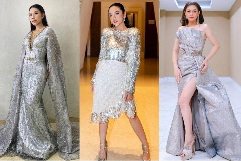 Gaun warna silver ( instagram.com/clarisadewih| instagram.com/lyodraofficial/ | instagram.com/celine_evangelista)