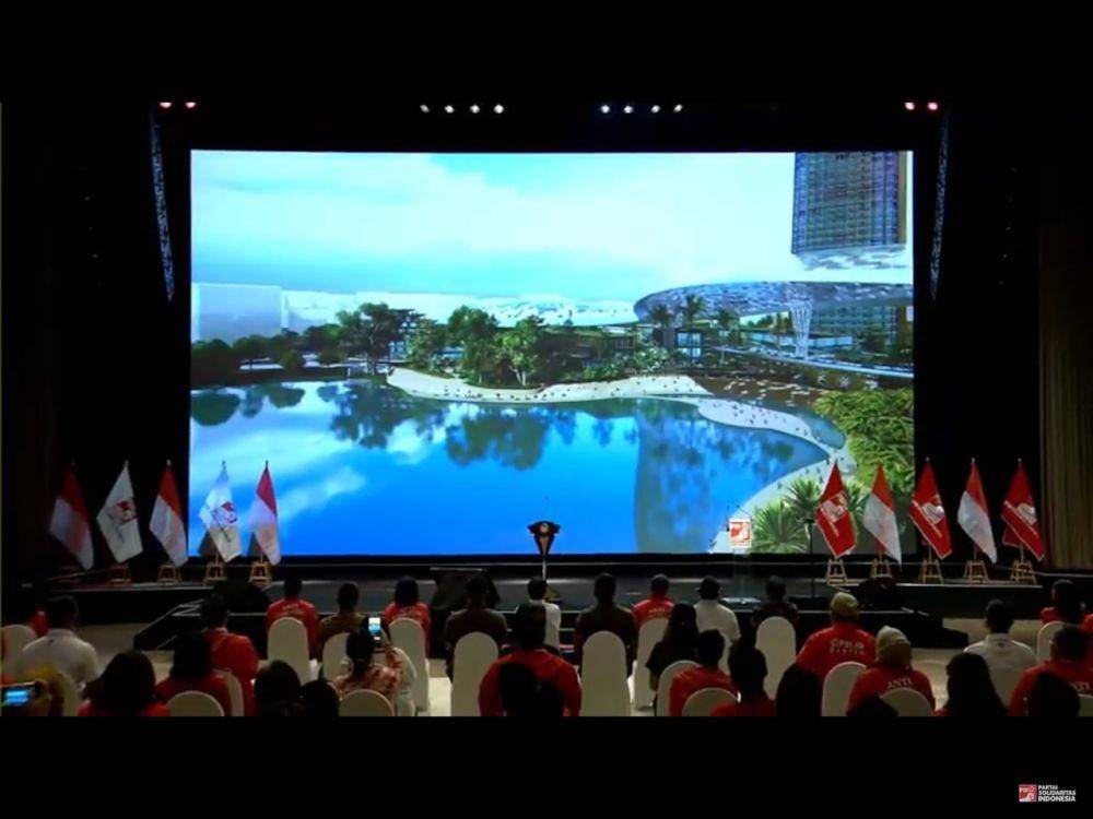 Presiden Jokowi memamerkan desain Ibu Kota baru di HUT ke-7 PSI pada Rabu (22/12/2021). (youtube.com/solidaritasID)
