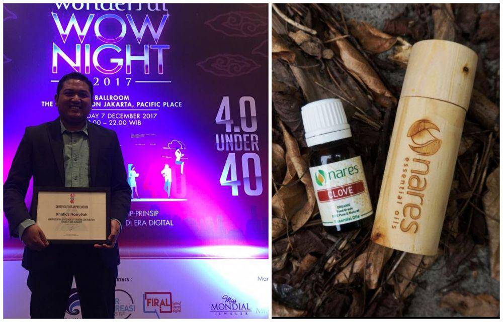 Khafidz anak petani yang sukses dari Minyak atsiri di Kendal saat menerima penghargaan 40 under 40 dan produk essential oil miliknya (dok. Astra)