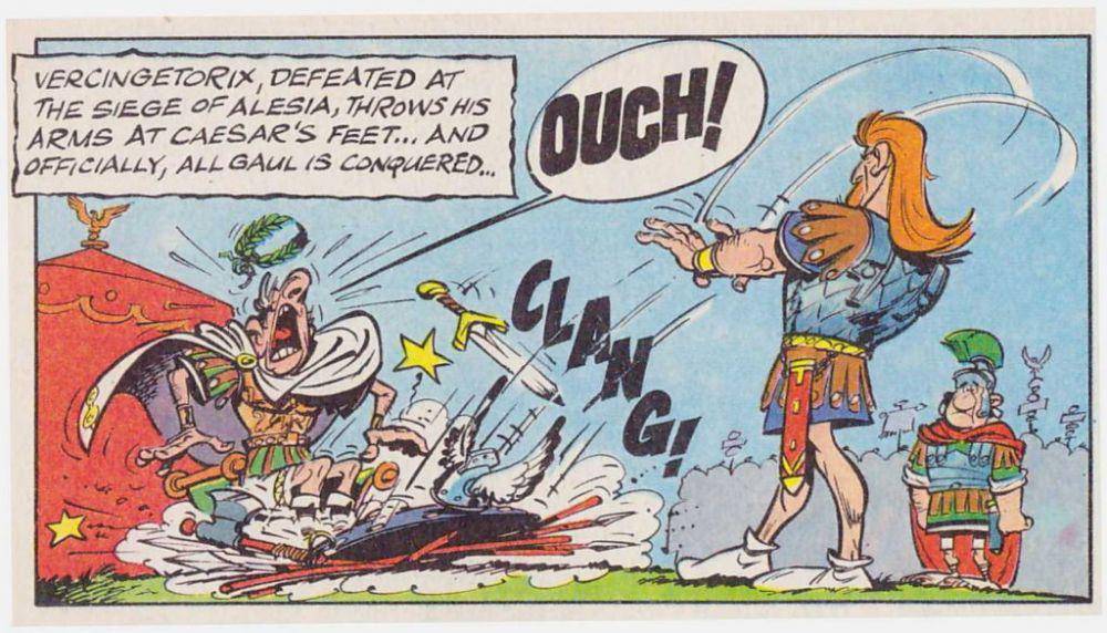 sketsa komik ketika pimpinan Galia Vercingetorix menyerah kepada Julius Caesar (theslingsandarrows.com)