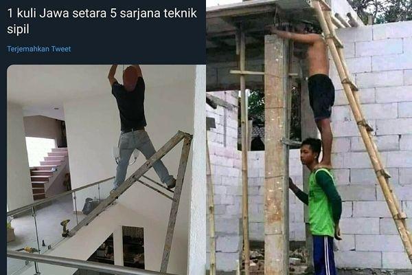 10 Potret Tukang Bangunan Naik Tangga Ini Lucunya Ngeri-ngeri Sedap
