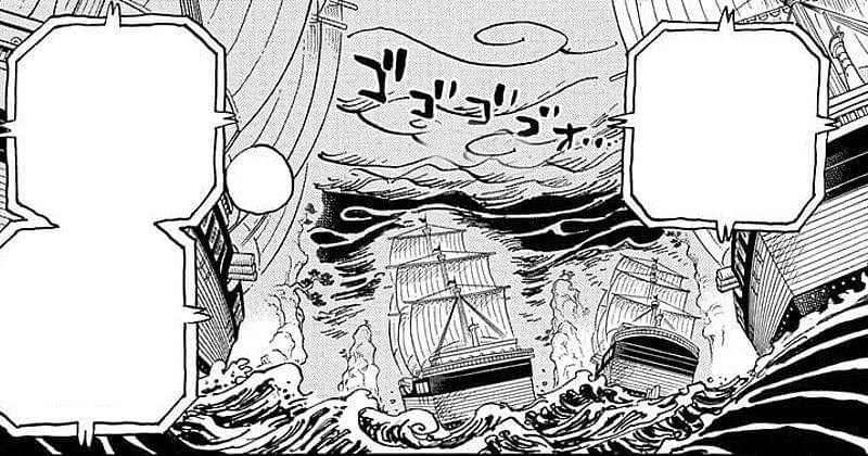 Angkatan Laut yang menunggu di luar Wano di One Piece 1028. (mangaplus.shueisha.co.jp/One Piece)