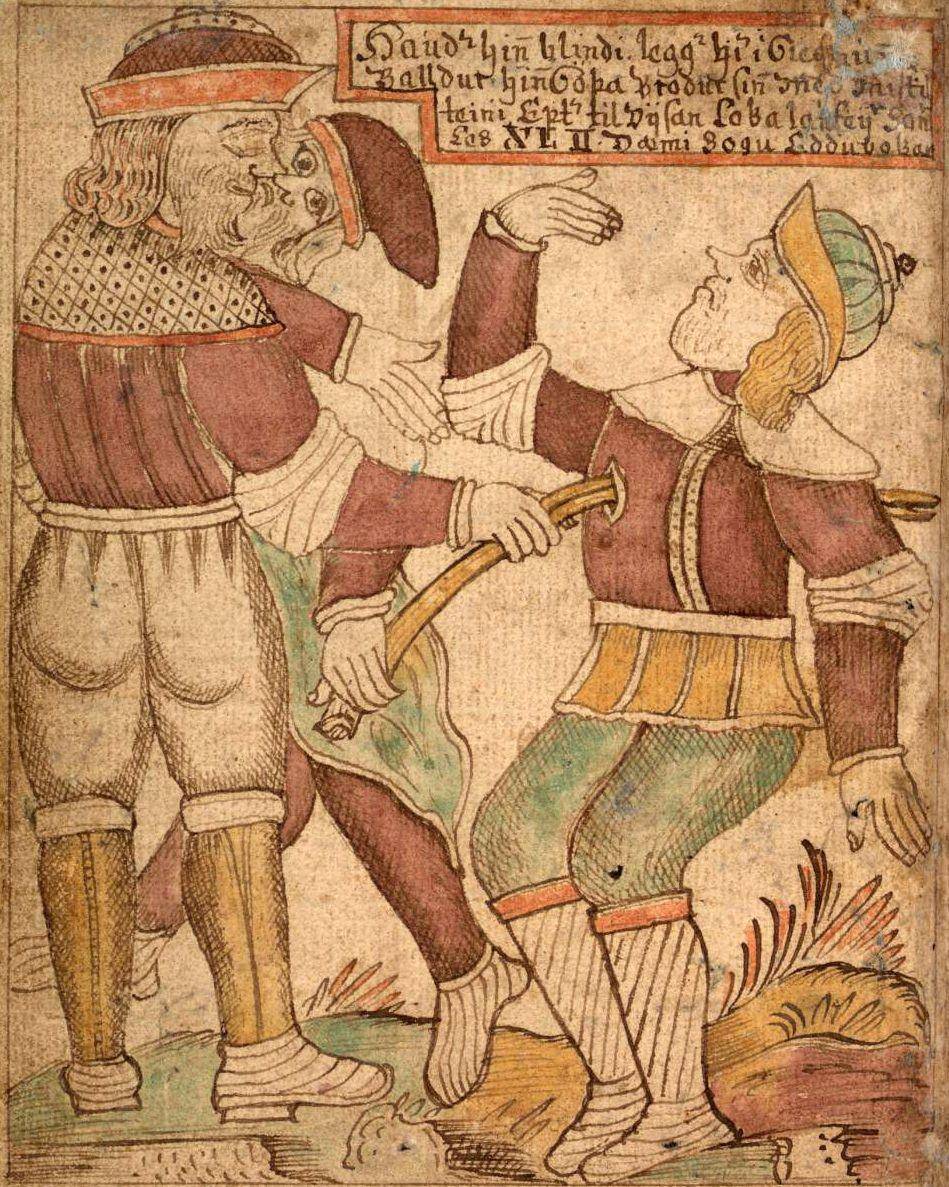 Manuskrip Islandia dari abad ke-18 menunjukkan ilustrasi Loki mengarahkan Höðr untuk membunuh Baldr (wikimedia.org)