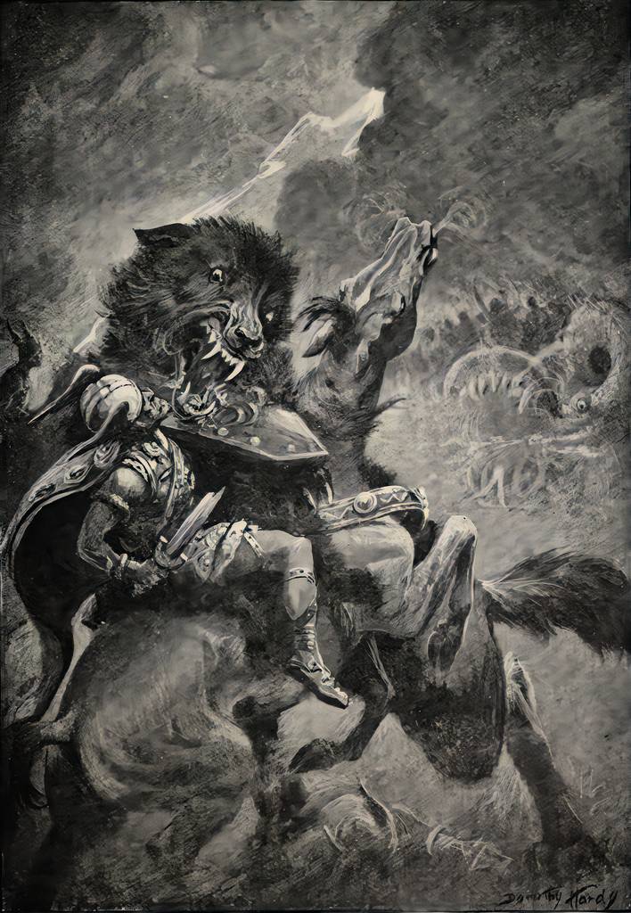 lukisan Fenrir melahap Odin, Mabel Dorothy Hardy, 1909 (wikimedia.org)