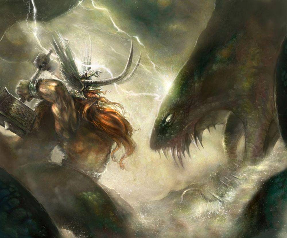 ilustrasi Thor melawan Jörmungandr (pinterest.ch)