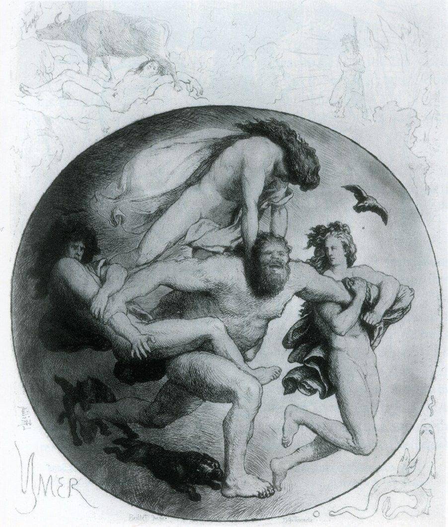 Odin, Vili, dan Ve membunuh Ymir, Lorenz Frølich (wikimedia.org)