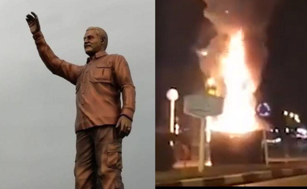 Baru Diresmikan, Patung Eks Jendral Iran Hangus Terbakar