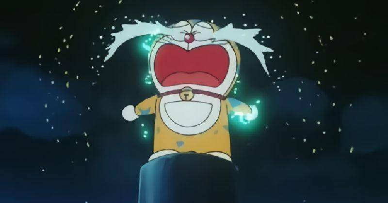 Doraemon menangis sampai catnya terkelupas. (TV Asahi/2112: The Birth of Doraemon)