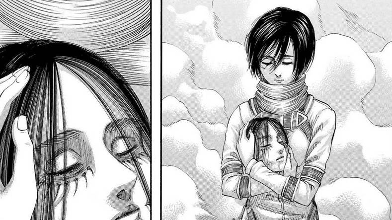 Mikasa memeluk kepala Eren. (dok. Kodansha/Attack on Titan)