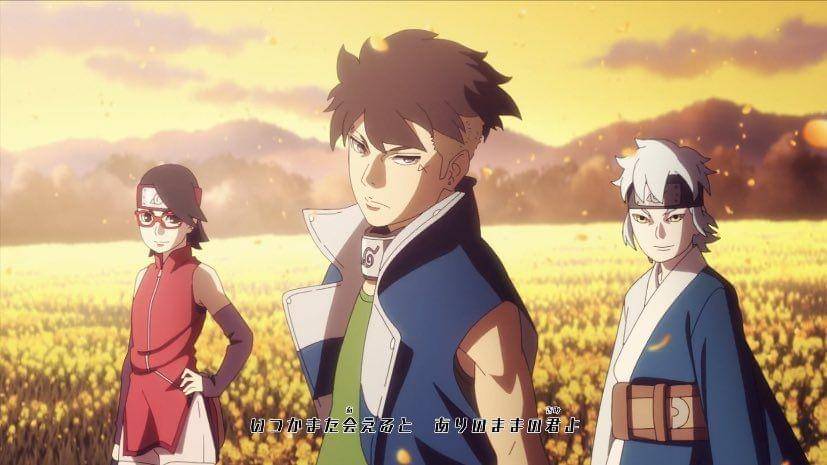 Sarada, Kawaki, dan Mitsuki dari opening 10. (Dok. Studio Pierrot/Boruto)