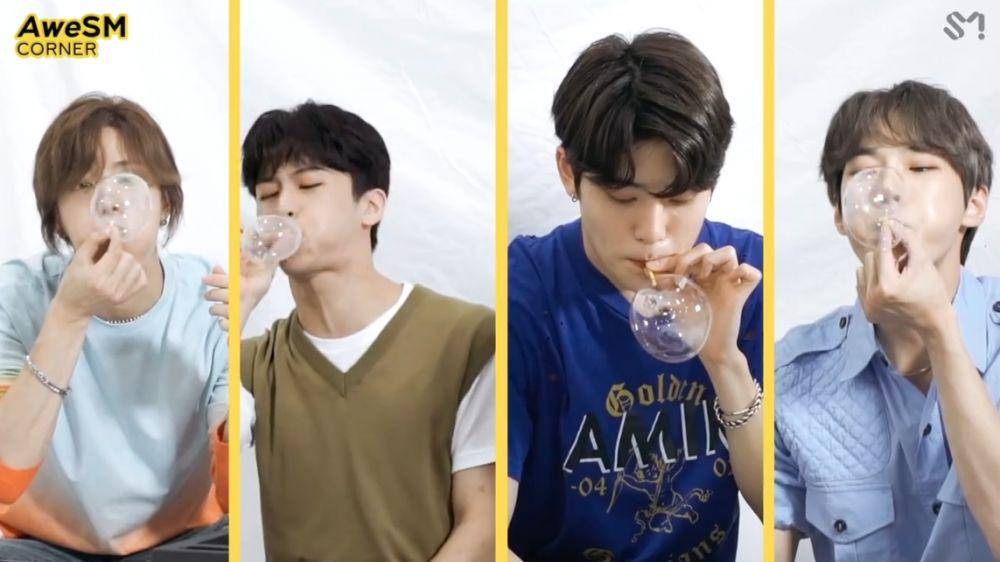 Yuta, Mark, Jaehyun, dan Doyoung mencoba mainan balon tiup (instagram/smtown_idn)