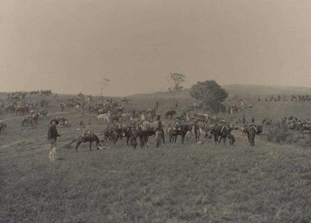 Sebuah rombongan ekspedisi tentara KNIL sedang beristirahat di daerah perbukitan luar Kota Parepare, sekitar tahun 1905. (Royal Netherlands Institute of Southeast Asian and Caribbean Studies)