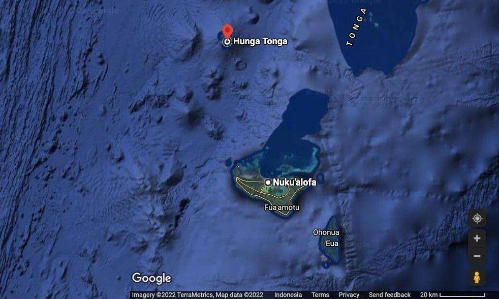 Jarak Kota Nuku'alofa dengan Gunung bawah laut Hunga Tonga-Hunga Ha'apai di Pulau Tonga (Tangkapan layar Google Map)