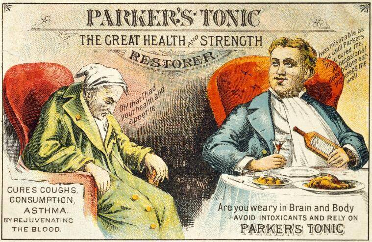 Kartu Chromolitho dari akhir tahun 1870-an yang mengiklankan Parker's Tonic, obat yang mengandung alkohol. (wellcomecollection.org/New York : Hiscox and Co.)