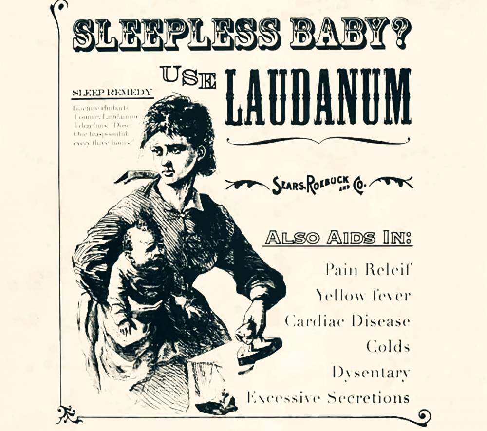 Iklan Sears, Roebuck and Co. sekitar tahun 1890-an, yang memasarkan laudanum sebagai obat untuk bayi. (puppiesandflowers.com)