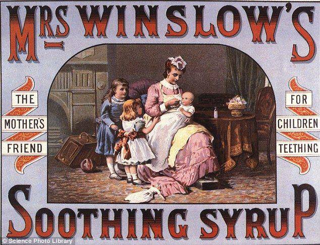 Iklan Sirup Mrs. Winslow, obat paten akhir abad ke-19 yang mengandung morfin, dan digunakan sebagai obat untuk masalah gigi pada bayi. (dailymail.co.uk)