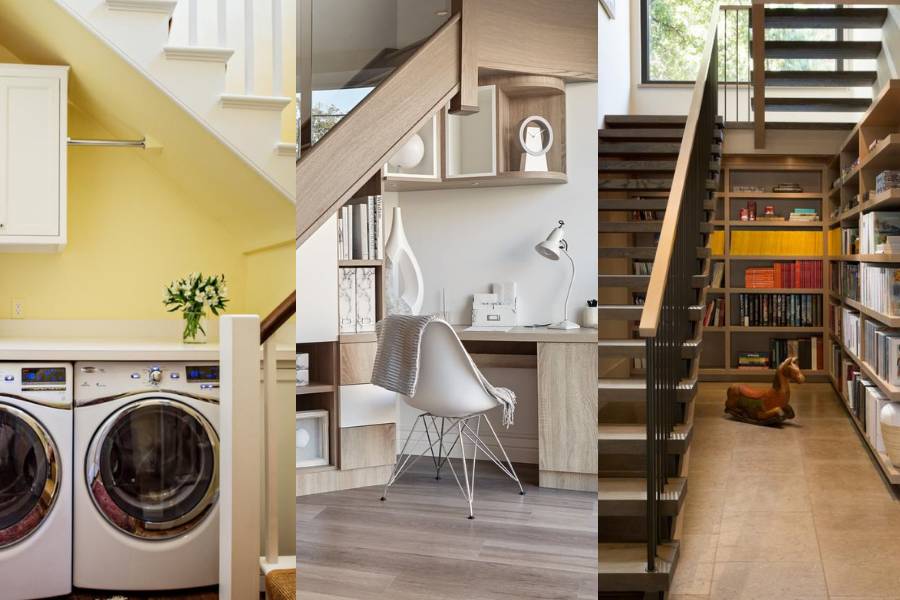ilustrasi memanfaatkan space di bawah tangga rumah (hgtv.com | extraspace.com)