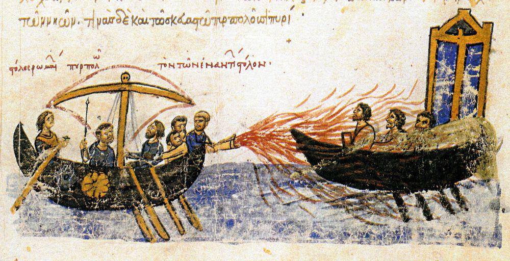 gambar dari manuskrip Madrid Skylitzes, menunjukkan api Yunani yang digunakan melawan armada pemberontak Thomas the Slav (commons.wikimedia.org/Codex Skylitzes Matritensis)