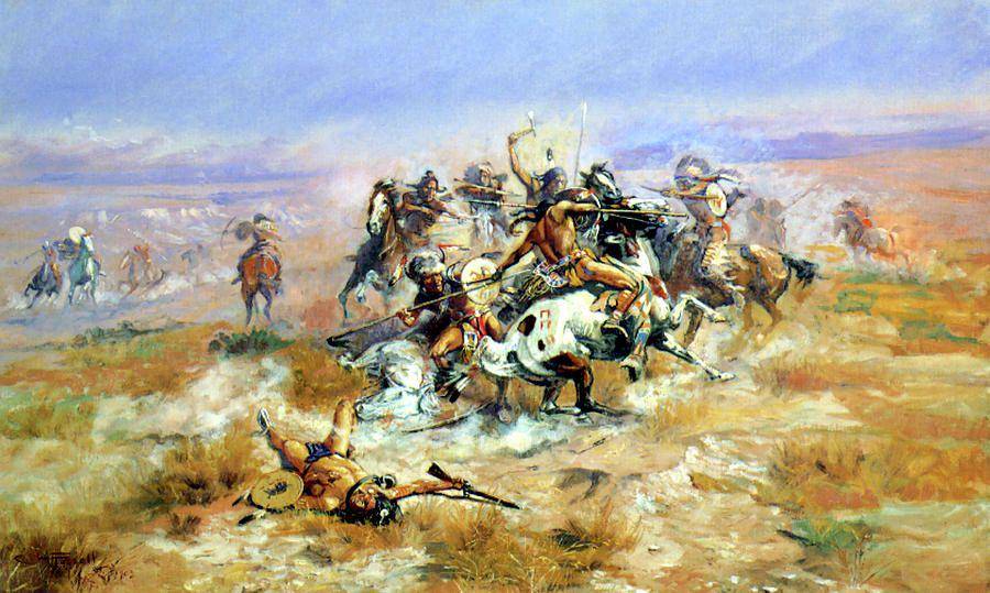 lukisan perang suku asli Amerika dengan counting coup oleh Charles M. Russell, 1902 (fineartamerica.com/Granger)