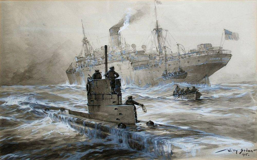 Ilustrasi U-boat Jerman menenggelamkan kapal Sekutu. (wearethemighty.com/Willy Stower)