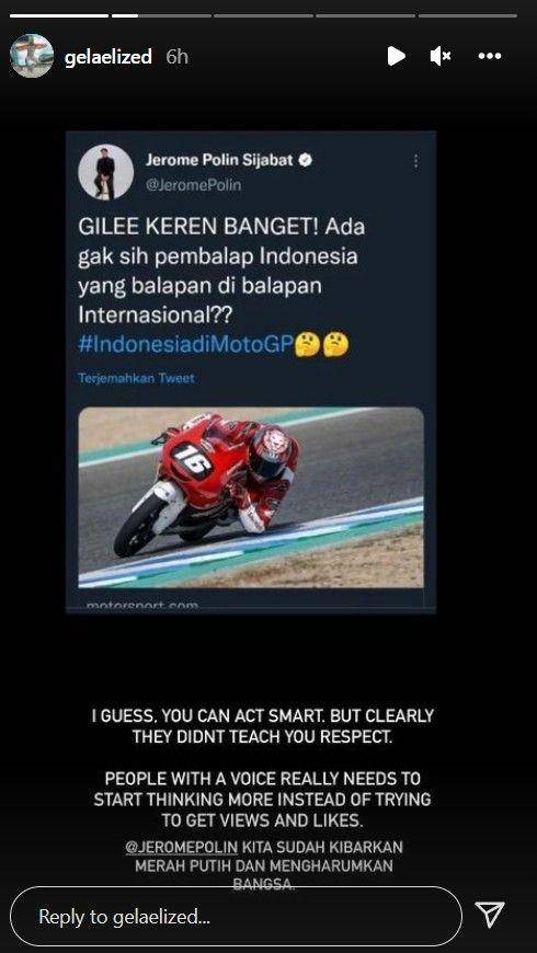 Sentilan Sean Gelael buat YouTuber Jerome Polin / Instagram @gelaelized