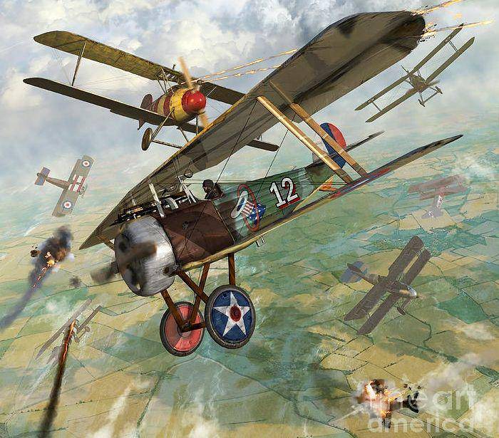 ilustrasi Perang Dunia I biplan AS menyerang biplan Jerman (fineartamerica.com/Kurt Miller)