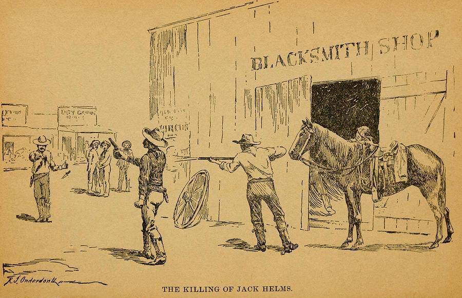 ilustrasi John Wesley Hardin membunuh Sheriff Dewitt, Jack Helms, pada 1 Agustus 1873. Helms adalah seorang Unioni yang terlibat dalam perseteruan dengan kerabat Hardin selama era Rekonstruksi Perang Saudara Texas. (fineartamerica.com/Everett)