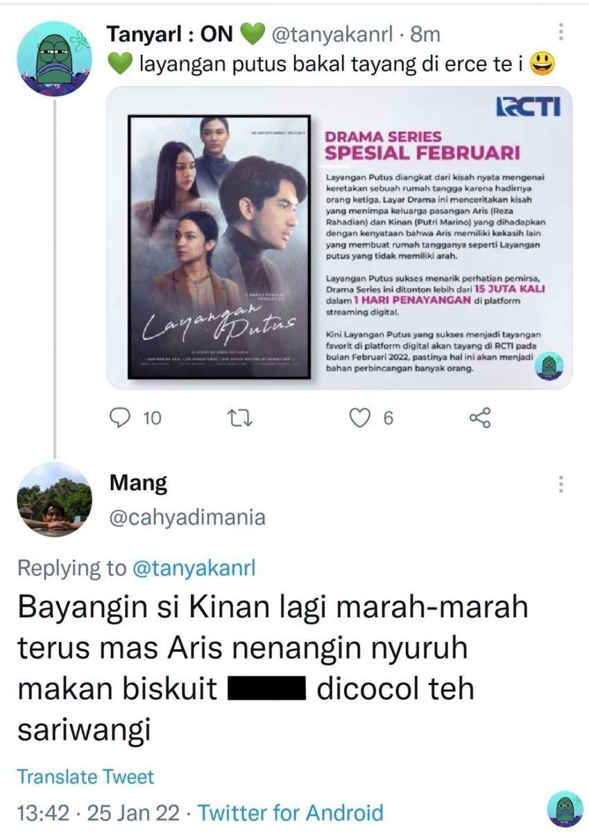 reaksi kocak Layangan Putus tayang di TV (twitter.com/cahyadimania)