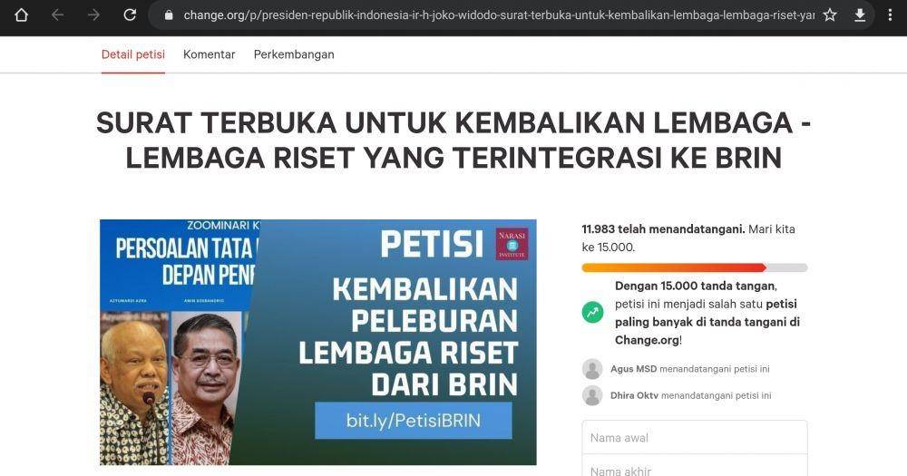 Petisi di platform change.org yang mendesak Presiden Jokowi membatalkan peleburan sejumlah lembaga penelitian ke BRIN (www.change.org)