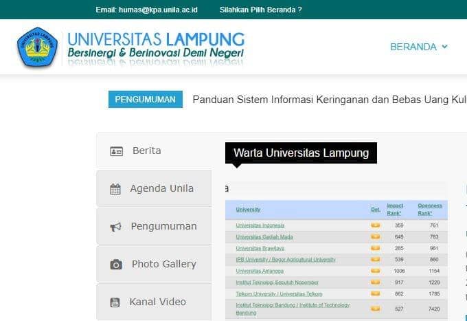 Universitas Lampung (Unila) berhasil masuk ke peringkat 9 besar perguruan tinggi terbaik di Indonesia versi webometrics.  (Dok. Unila).