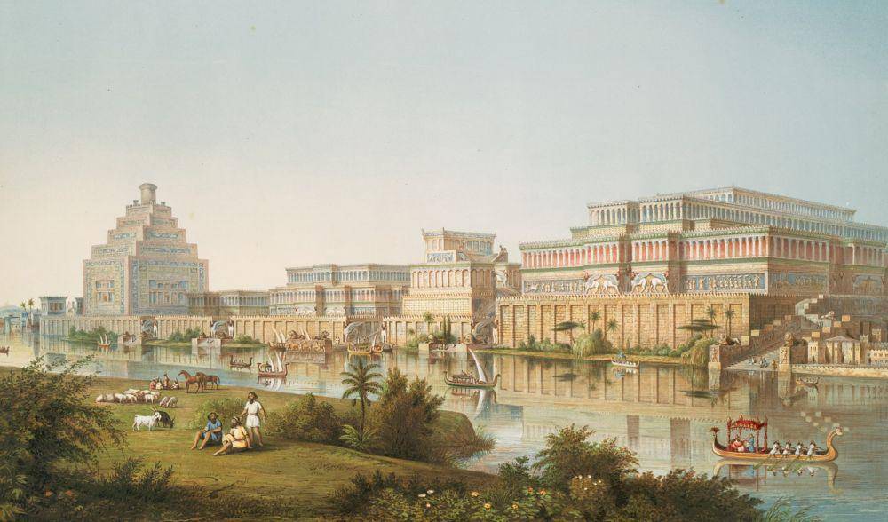 Interpretasi seniman tentang istana Asyur dari 'The Monuments of Nineveh' oleh Sir Austen Henry Layard, 1853. (britishmuseum.org)