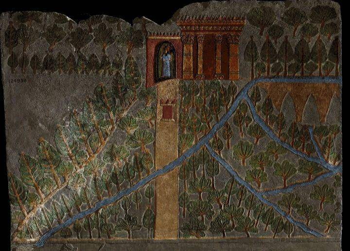Relief yang menunjukkan kebun buah-buahan dan kebun yang diairi oleh saluran air di Niniwe, Irak. (britishmuseum.org)