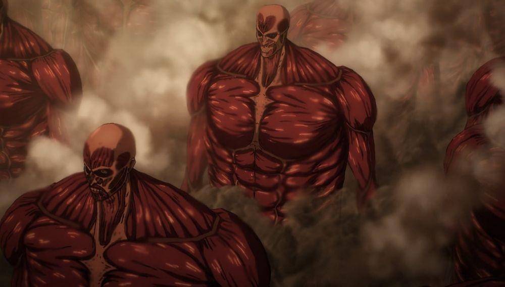 Para Colossal Titan bergerak untuk Rumbling. (Dok. MAPPA Studio/Attack on Titan)