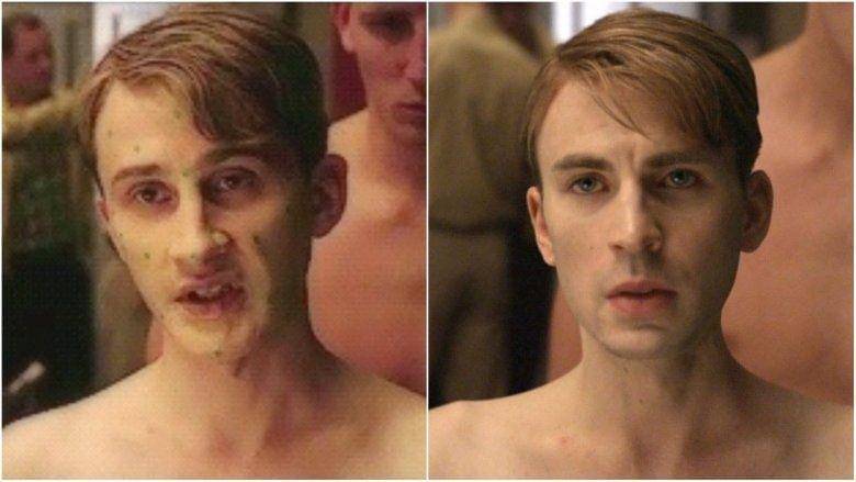 Steve Rogers kurus diperankan Leander Deeny (kiri) dan versi yang dilihat penonton film (kanan). (Dok. Marvel Studios)