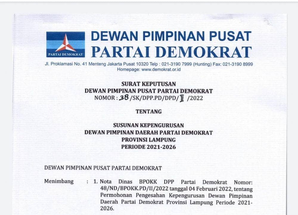 Bocor! Ini Struktur Pengurus DPD Demokrat Lampung Pimpinan Edy Arief