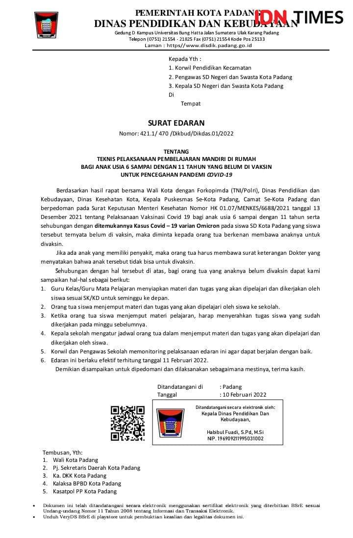 SE Belajar Mandiri Anak 6-11 Tahun di Padang Belum Divaksin Disorot